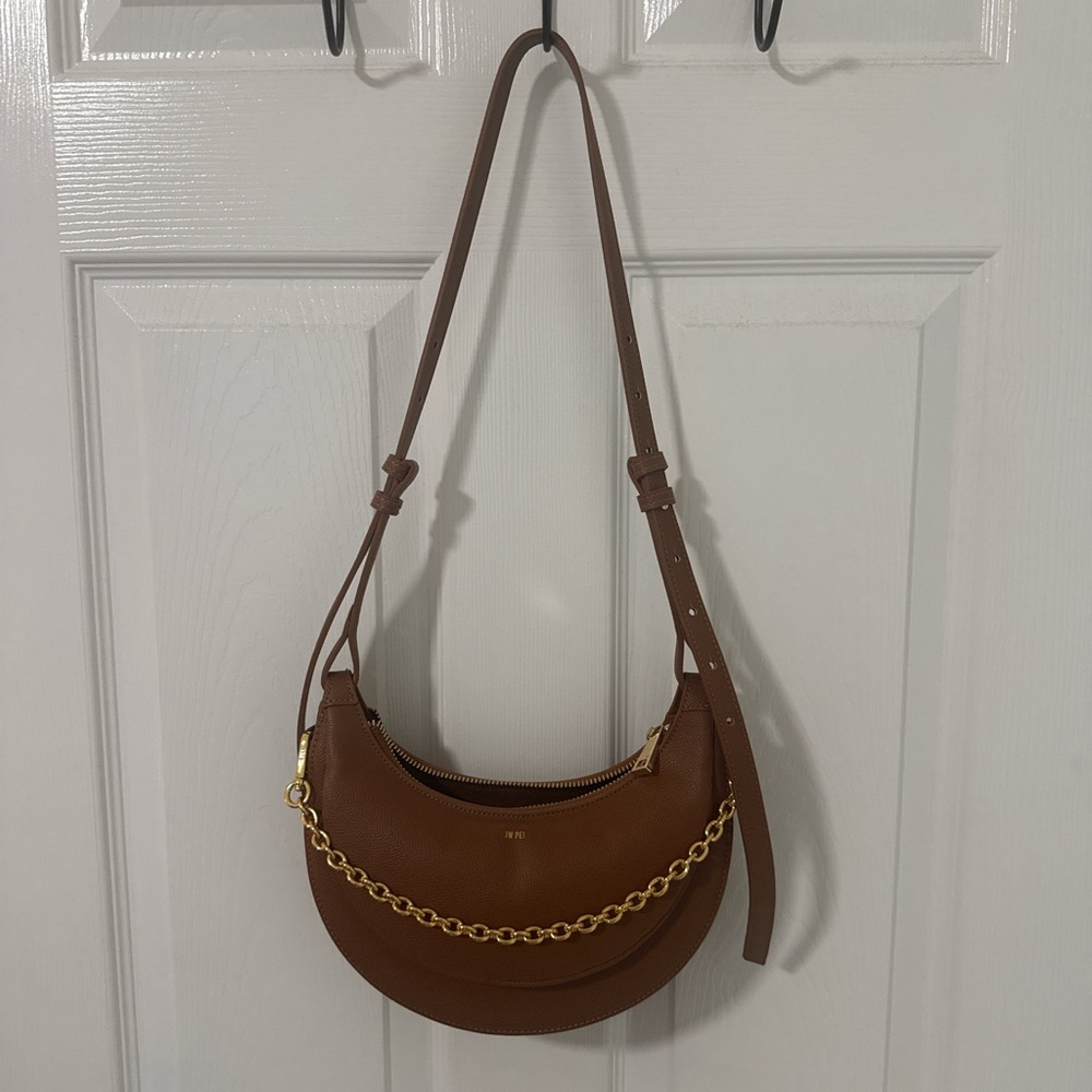 Brown Crescent Shoulder Bag with Gold Chain